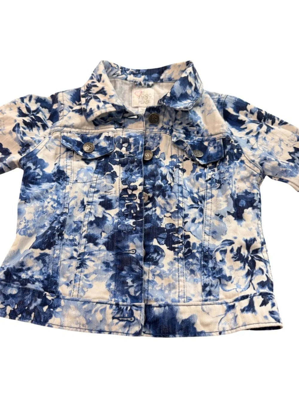 Children’s Place Blue Floral Denim Jacket Girls M 7/8 Cropped Cotton NWOT